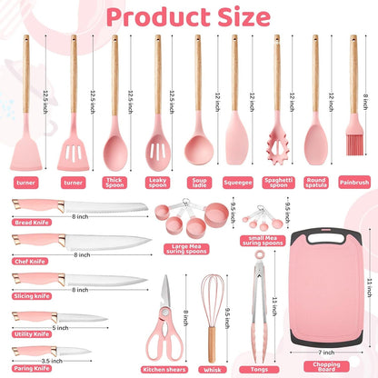 Kitchen Utensils Set,37 Piece Cooking Utensils and Knife Set,Pink2