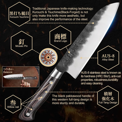 7 Inch Santoku Knife, Black Forged Japanese Chef Knife with AUS-8 Alloy Steel, Japanese Santoku Knife with Full Tang Pakkawood Handle, Christmas Gift with Premium Box (7 Inch Santoku Knife)5