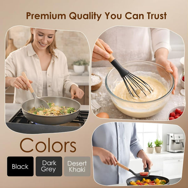 12 Piece Silicone Kitchen Cooking Spoon Set Wooden Handle & Holder - Small2