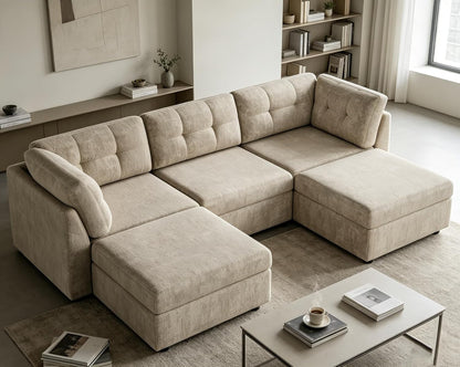 Sectional U-Shaped Sofa for Living Room, Modualr Sofa Couch, Camel | 91" W Modular Sectional Sofa, 3 Seater Couches with Ottoman, Chenille Sofa for Living Room, Apartment, Office1