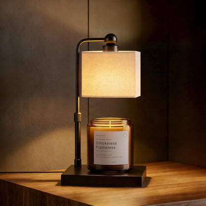 Candle Warmer Lamp with Timer, Dimmable, Adjustable Height, Modern Farmhouse Linen Shade, Black Candle Warming Lamp for up to 6-Inch Jar Candles, 2 Bulbs Included1