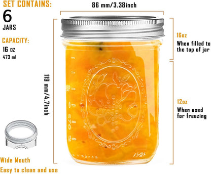 16 Oz Wide Mouth Glass Mason Jars with Lids, 6 Pack for Canning | Embossed Measurement Marks and Wide Mouths Make Filling Easier for Overnight Oats, Pickling, Preserving, and Meal Prep2