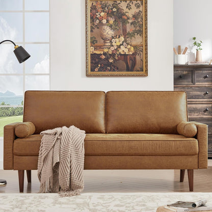 57" Loveseat Sofa Couch, Mid Century Modern Faux Leather Couch, Brown3