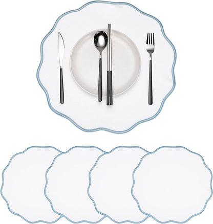 4Pcs Linen Cloth Placemat 15.7" round Scalloped Blue1