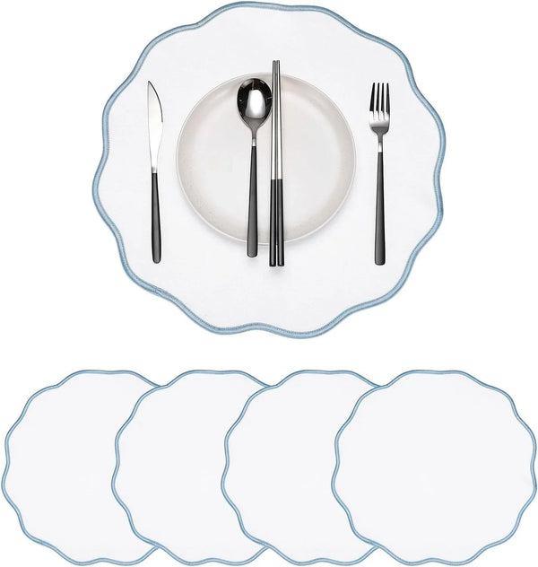 4Pcs Linen Cloth Placemat 15.7" round Scalloped Blue1