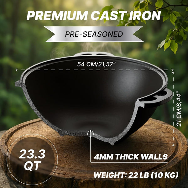 Kazan Uzbek Cast Iron Kazan for Plov Making Cookware Insulated Double Handle Pan Wide Mouth Cast Iron Dutch Oven, Outdoor Cooking Frying Pot, Lodge Cast Iron Skillet, 22 L6