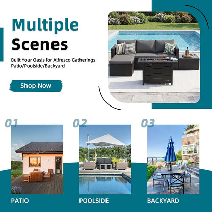 4-Piece Patio Furniture Set with 43" Propane Fire Pit Table, L-Shaped PE Rattan Sectional Sofa, Washable Cushions, Outdoor Conversation Set,Black/Grey6