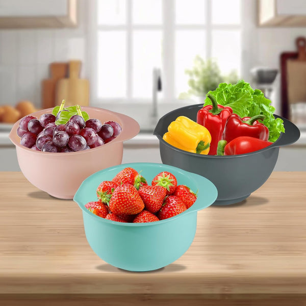 Set of 3 Mixing Bowls with Pour Spout-Nesting Design Saves Space - Non-Slip, BPA Free, Dishwasher Safe Plastic - Kitchen Cooking and Baking Supplies (Green Pink Grey)7
