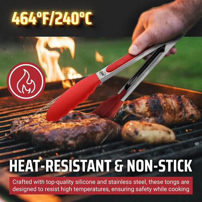 Kitchen Tongs for Cooking Grilling Set of 4, BBQ Grill Tongs with Silicone Tip Stainless Steel Heat Resistant, Non-Stick Pull Lock, Incl 7, 9, 12 Inch Tong plus a Silicone Spatula4
