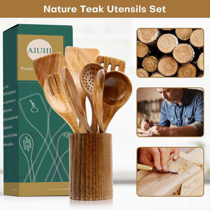 Teak Wood 8-Piece Wooden Kitchen Utensils Set, Wooden Spoons for Cooking, Smooth Wood Spatula Set for Nonstick Cookware, Daily Cooking, Housewarming Gift4