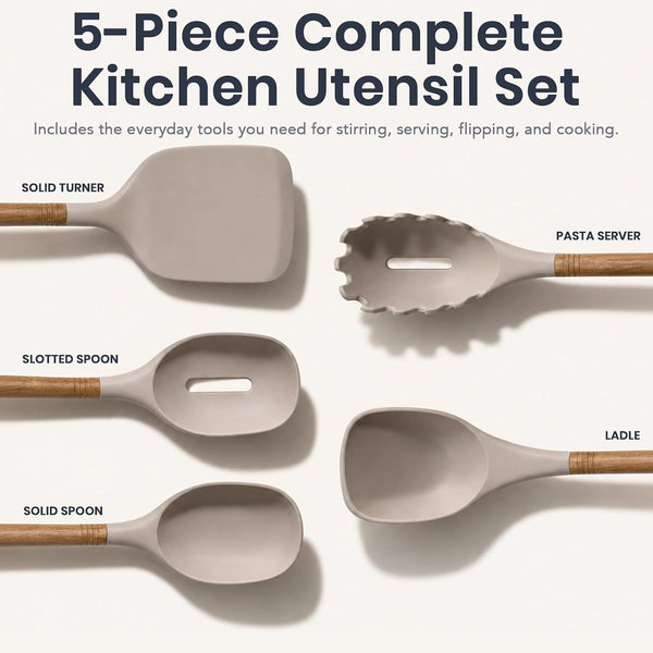 5-Piece Silicone Kitchen Utensil Set with Acacia Wood Handles, Brown2