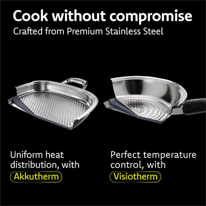A by AMC - Foundation+ Stainless Steel Cookware Set - 11" Fry Pan + 3.7 Qt Rondeau + 6.9 Qt Stock Pot + 12.6" Grill Pan + 2.4 Qt Saucepan+Steam Lid + Steamer Basket & Stackable+2 Cooking Assistants3