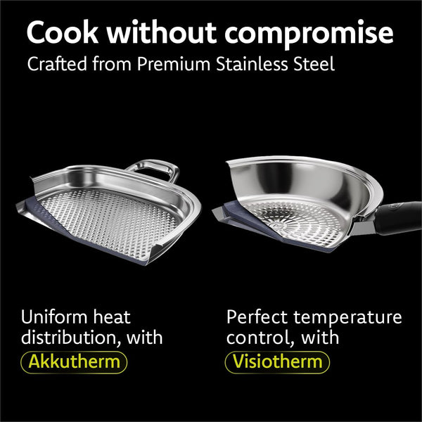 A by AMC - Foundation+ Stainless Steel Cookware Set - 11" Fry Pan + 3.7 Qt Rondeau + 6.9 Qt Stock Pot + 12.6" Grill Pan + 2.4 Qt Saucepan+Steam Lid + Steamer Basket & Stackable+2 Cooking Assistants3