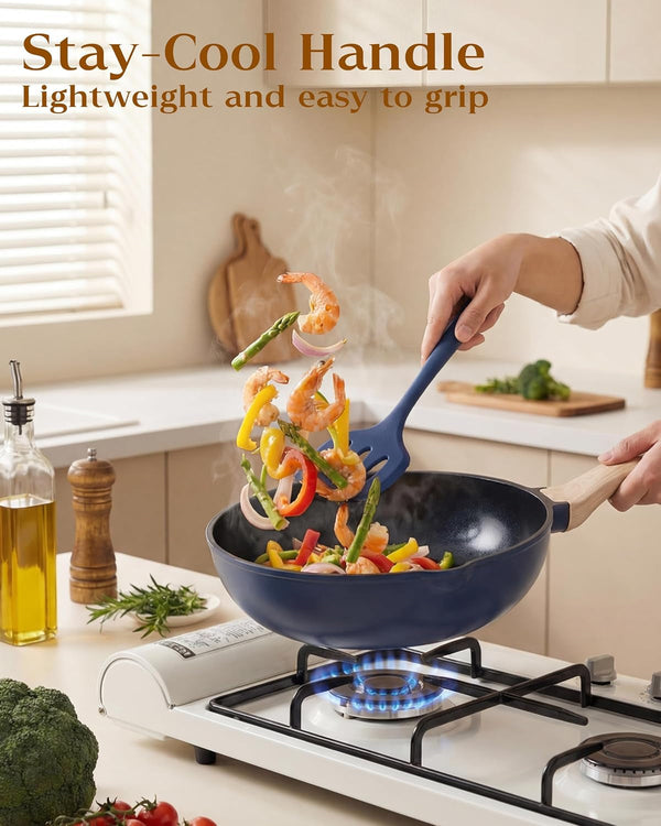 16Pcs Titanium Pots and Pans Set,Toxic-Free Cookware Set, Dishwasher & Oven Safe, Induction Compatible with Bakelite Wood Grain Handle, Compact and Durable7