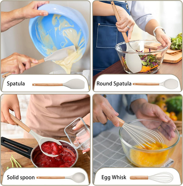 Silicone Kitchen Cooking Utensils Set with Wooden Handle, Khaki6