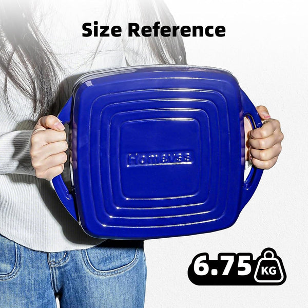 2-In-1 Square Enameled Cast Iron Dutch Oven 7QT Baking Pan and Gridle Lid with Dual Handles, Cast Iron Skillet Lid, Coating Gridle for Baking, Braising and Grilling - Blue3