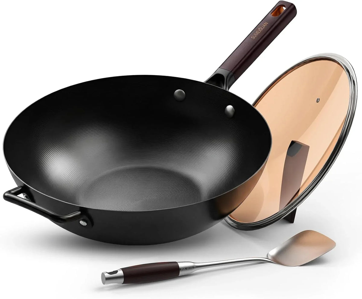 13-5-carbon-steel-wok-pan-pre-seasoned-flat-bottom-woks-stir-fry-pans-chinese-cookware-with-lid-spatula-for-pan-fry-stir-fry-steam-bbq-camping-compatible-with-induction-gas