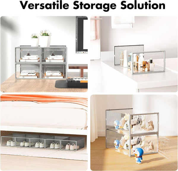 Shoe Storage Box, 15 Pack Clear Plastic Stackable Organizer for Closet, Interlocking Design Shoes Container Bins for Sneakers, Foldable Shoe Rack with Lids, Grey6