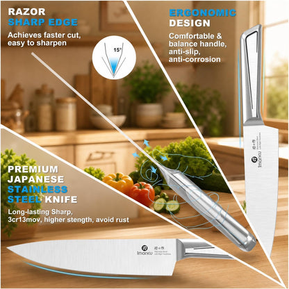 14Pcs Knife Set, Sleek White Minimalist Kitchen Cutlery Set | Built-In Sharpener, High Carbon Stainless Steel Kitchen Knives, Dishwasher Safe, Gift for Home Cooks & Chefs, Utility Knives2