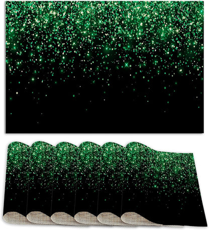Placemats Set of 6 Linen Washable Kitchen Dining Green Glitter Table Mats Stain Heat-Resistant Desktop Décorplace Mats for Home Party Indoor 12X18 In1