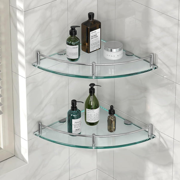 Glass Corner Shelves Tempered Bathroom Eestantes Para Baños with Rail Wall Mounted Drill Hole for Corner Shower Shelf for inside Shower 2 Pack（Sliver）1