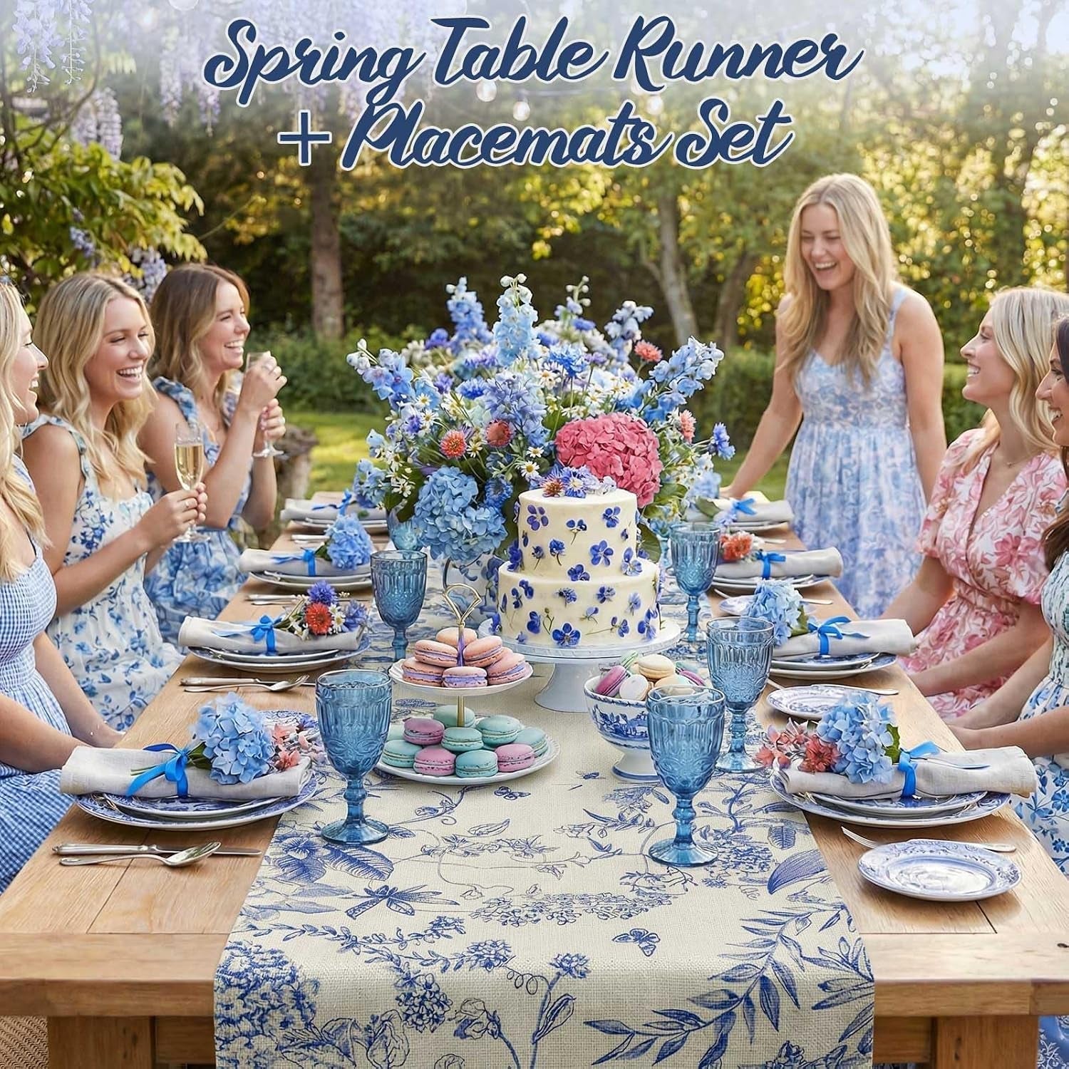 blue-floral-summer-table-runner-and-placemats-set-of-7-12-x-18-blue-and-white-chinoiserie-place-mats-13-x-72-flower-table-runner-for-holiday-baby-shower-party-kitchen-dining-decoration