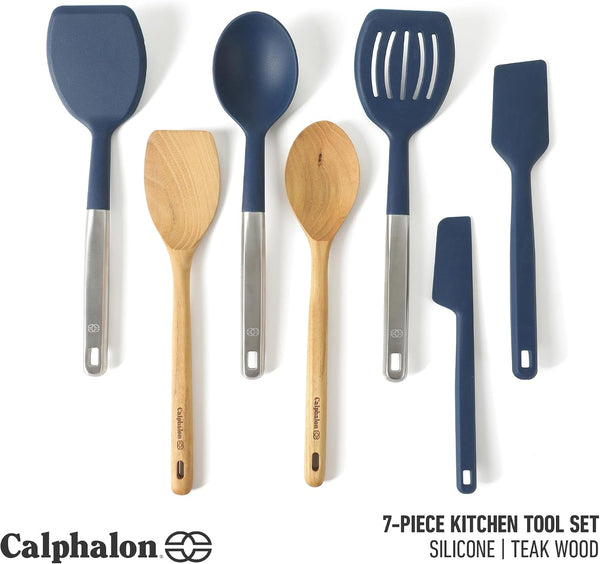 Calphalon Prime 7-Piece Silicone and Teak Wood Kitchen Tool Set, Stainless Steel Kitchen Utensil Set, Kitchen Spoon and Spatula Set, Heat Resistant Non-Slip Kitchen Gadgets Set - Navy Blue2