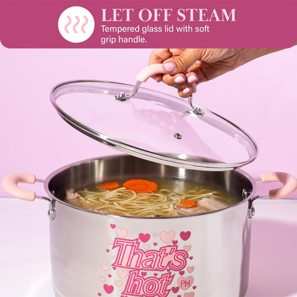 Stainless Steel Stock Pot with Iconic Color Changing "That'S Hot" Heat Indicator Decal, Features Soft Grip Handles and Measure Marks, 8-Quart, Pink5