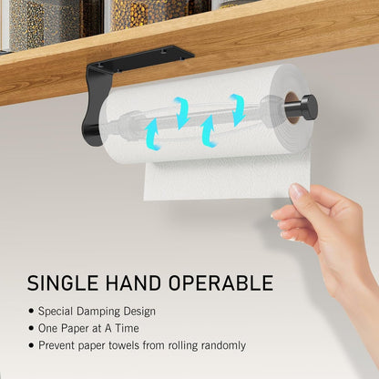 Paper Towel Holder, Single Hand Operable Paper Towel Holder under Cabinet with Adjustable Damper, Easy Tear, Wall Mount, Self-Adhesive or Drilled for Kitchen Bathroom, Black3