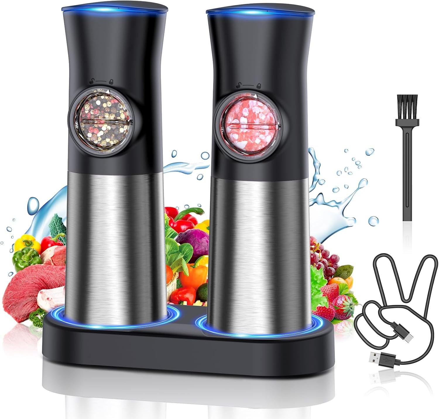 gravity-electric-salt-and-pepper-grinder-set-usb-rechargeable-automatic-salt-and-pepper-grinders-with-charging-base-adjustable-coarseness-one-handed-operation-led-light-stainless-steel