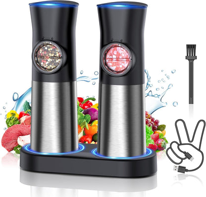 Gravity Electric Salt and Pepper Grinder Set, USB Rechargeable Automatic Salt and Pepper Grinders with Charging Base, Adjustable Coarseness, One-Handed Operation, LED Light, Stainless Steel1