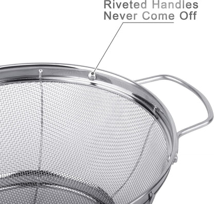 3 Pack 18/8 Stainless Steel Colander Sieves(5-Quart, 4-Quart and 3-Quart), Mesh Strainer Net Baskets with Handles & Resting Base for Strain, Drain, Rinse or Steam3