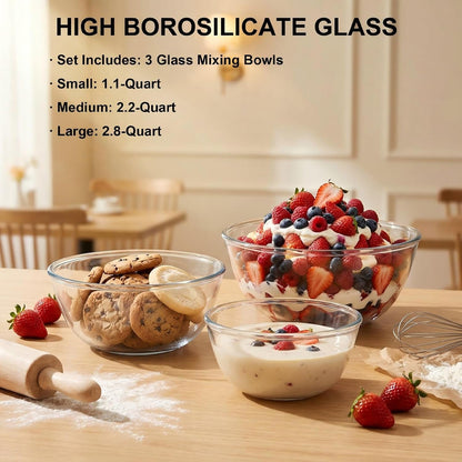 Borosilicate Glass Mixing Bowls Set of 3 (2.8, 2.2, 1.1QT) - Heavy Duty, Scratch Resistant, Non-Toxic & Lead-Free – Oven/Microwave/Dishwasher/Freezer Safe – Ideal for Meal Prep, Baking & Serving2