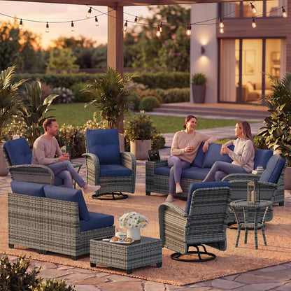 12 PCS Patio Furniture Set, Outdoor Sectional All-Weather Wicker Conversation Set with Swivel Rocker Chairs, 4'' Thick Cushions for Backyard Poolside(Navy/Grey)2