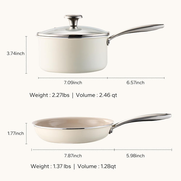 Nonstick Mini Cookware Set, 8"Ceramic Fry Pan 2.5Qt Sauce Pan with Lid, Fryingpan & Pots Set, Induction Compatible, Nontoxic, Oven Dishwasher Safe, PTFE & PFOA Free, Beige6