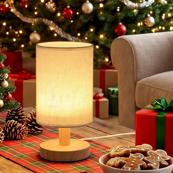 Small Table Lamp Set of 2, round Short Bedside Lamps 2700K Warm LED with Linen Shade & Wood Base, USB Mini Nightstand Lamps for Bedroom Desk5