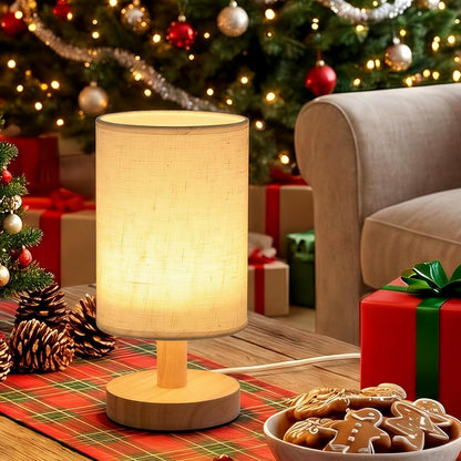 Small Table Lamp Set of 2, round Short Bedside Lamps 2700K Warm LED with Linen Shade & Wood Base, USB Mini Nightstand Lamps for Bedroom Desk5