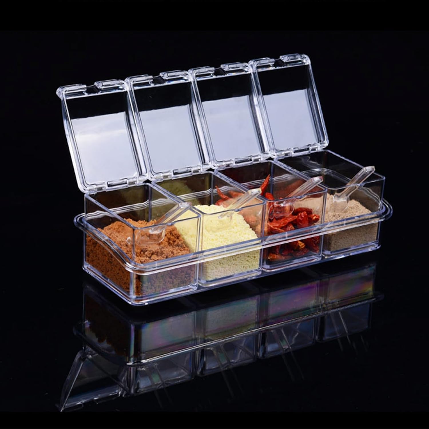 4-cell-clear-seasoning-rack-spice-box-storage-container-condiment-jars-acrylic-seasoning-box-with-cover-and-spoon
