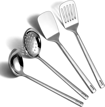 Stainless Steel Kitchen Utensils Set, 4-Piece – Slotted Turner, Solid Turner, Skimmer & Ladle – Rust-Resistant, Long Handle, Hanging Loop, Dishwasher Safe – Everyday Cooking & Serving1