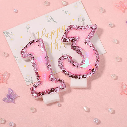 Girl Birthday Number 13 Candle, 2.95In Glitter Butterfly Pink Sequin Candle3