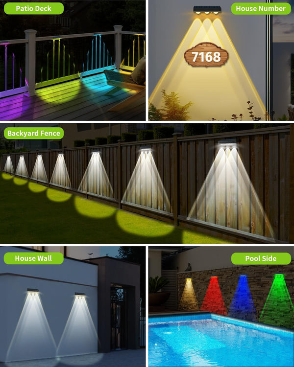 Solar Fence Lights Outdoor 8 Pack Waterproof Upgraded Brightness 3 LED Lens Solor Deck Lights Warm Cool Natural White RGB 10 Color outside Solar Powered Wall Light for Backyard Garden Patio Step Rail7