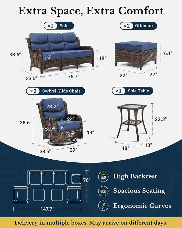 6-Piece Luxury Patio Furniture Set with 6" Thick Cushions, Weather-Resistant Wicker High Back Swivel Rocker Chairs, Senior-Friendly Outdoor Sofa Set for Large Deck, Yard and Poolside, Blue(V2)2