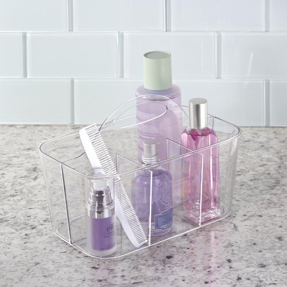 small-plastic-shower-bath-storage-organizer-caddy-tote-with-handle-for-dorm-shelf-cabinet-hold-soap-shampoo-conditioner-combs-brushes-lumiere-collection-clear