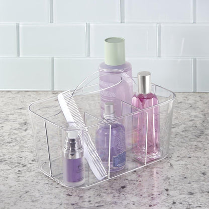 Small Plastic Shower/Bath Storage Organizer Caddy Tote with Handle for Dorm, Shelf, Cabinet - Hold Soap, Shampoo, Conditioner, Combs, Brushes, Lumiere Collection, Clear2