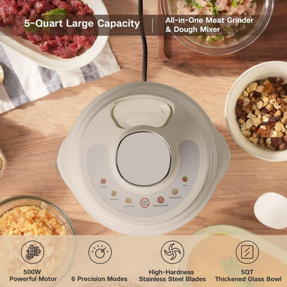 5QT Food Processors, Electric Food Chopper with Meat Grinder & Vegetable Chopper,Thickened Glass Bowl with Powerful 500W Copper Motor,2 Sets of 6-Blades for Fruits/Meat/Nuts,6 Precision Modes4