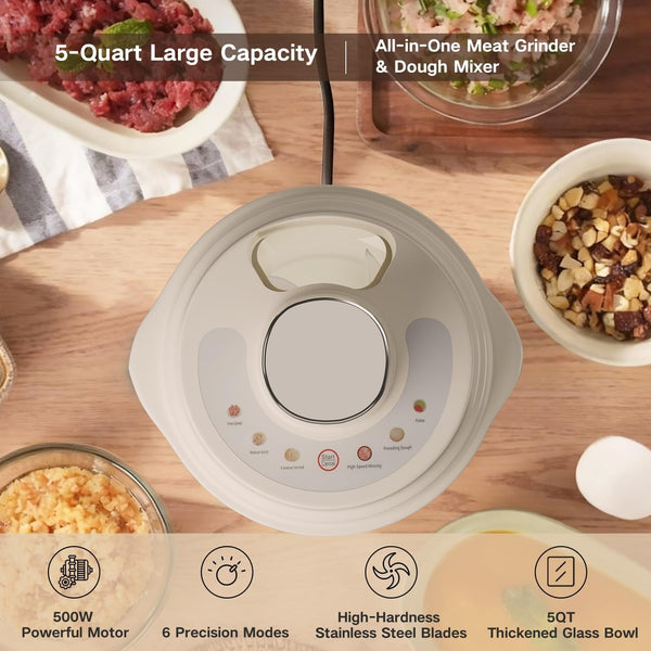 5QT Food Processors, Electric Food Chopper with Meat Grinder & Vegetable Chopper,Thickened Glass Bowl with Powerful 500W Copper Motor,2 Sets of 6-Blades for Fruits/Meat/Nuts,6 Precision Modes4