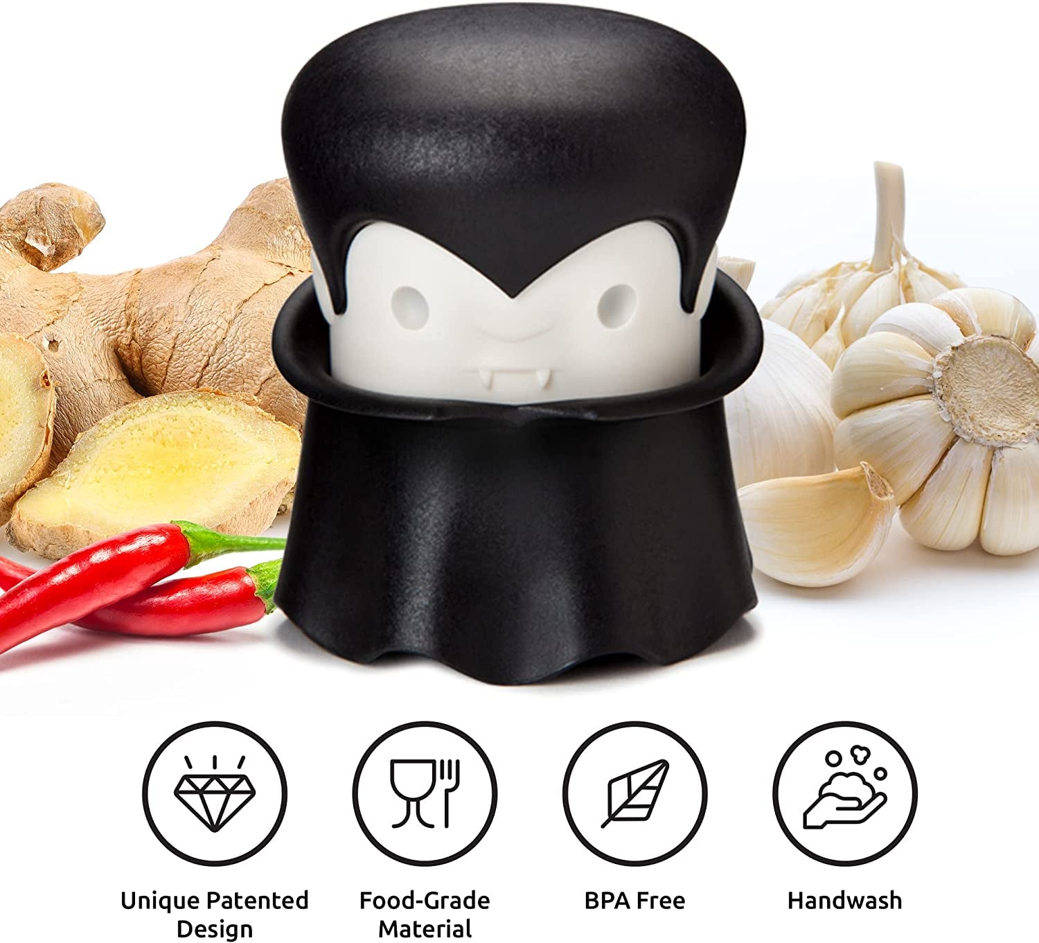 gracula-garlic-press-garlic-crusher-garlic-mincer-also-for-ginger-nuts-chili-herbs-twist-top-mincer-easy-squeeze-manual-press-peeler-goth-gifts