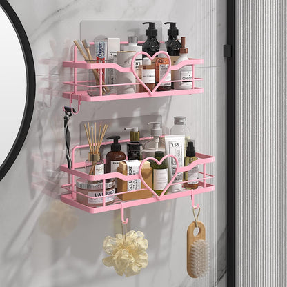 Pink Shower Caddy with 4 Removable Hooks, 2 Pack Sweet Heart Shower Shelves,No Drilling Adhesive Organizer Shelf for Bathroom Shower,Kitchen,Bedroom2