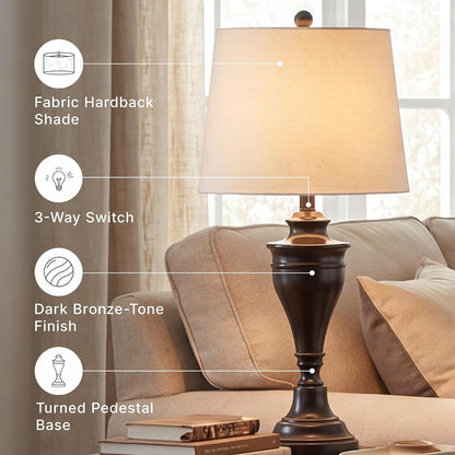 Signature Design by Ashley Table Lamp Set of 2, Dark Bronze | Fabric Hardback Shade, 28.5 Inches Tall, Traditional Double Pillar Base, 3-Way Switch, Living Room Use, Darlita Series6