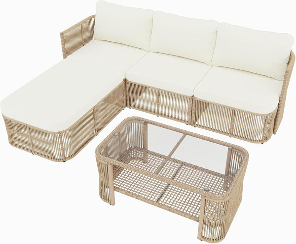 Outdoor Patio Furniture Set, PE Rattan Wicker Conversation Sofa Set with Iron Frame Cushions and Glass Top Coffee Table, Modular Backyard Balcony Seating Set, Dark Beige7